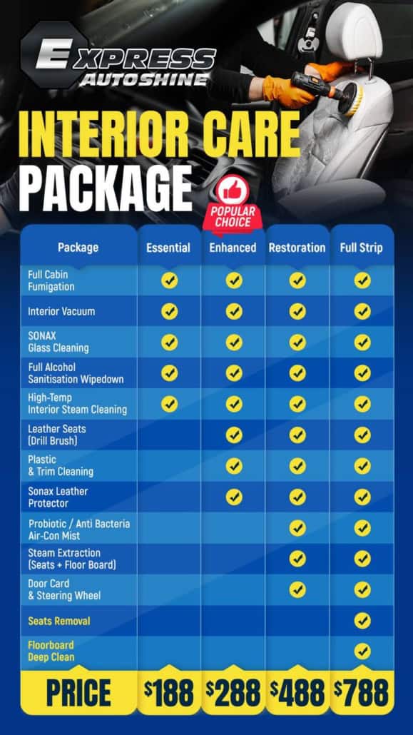 Interior car cleaning and detailing service with various packages available.